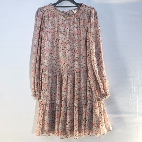 Pink & White Floral Tiered Chiffon Crêpe Puff Sleeve Flowly Mini Dress Ruffle M - Picture 3 of 8